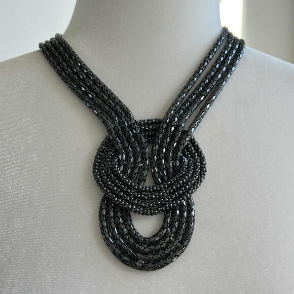 Gunmetal Beaded Multi-Strand Sculptural Knot Statement Necklace – OS - Picture 1 of 6